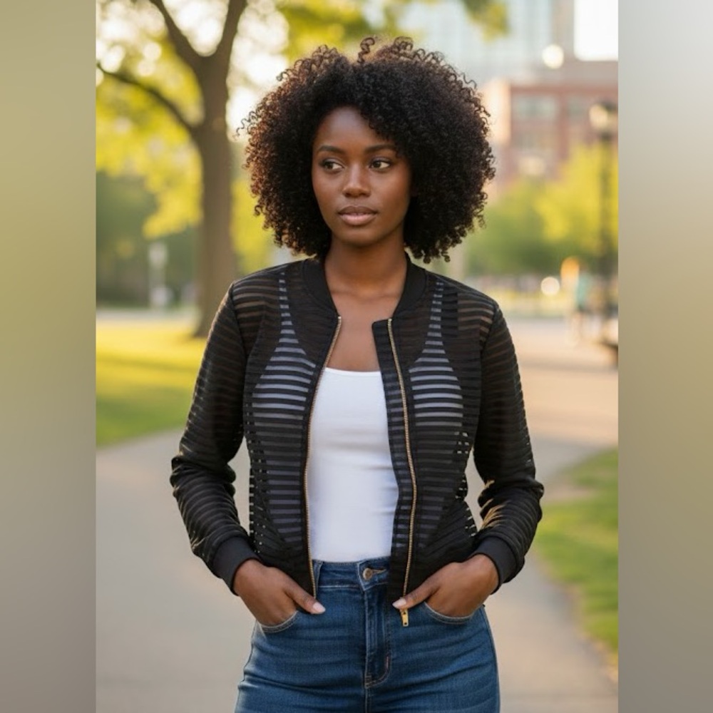 Elegant Black Striped Women's Bomber Jacket